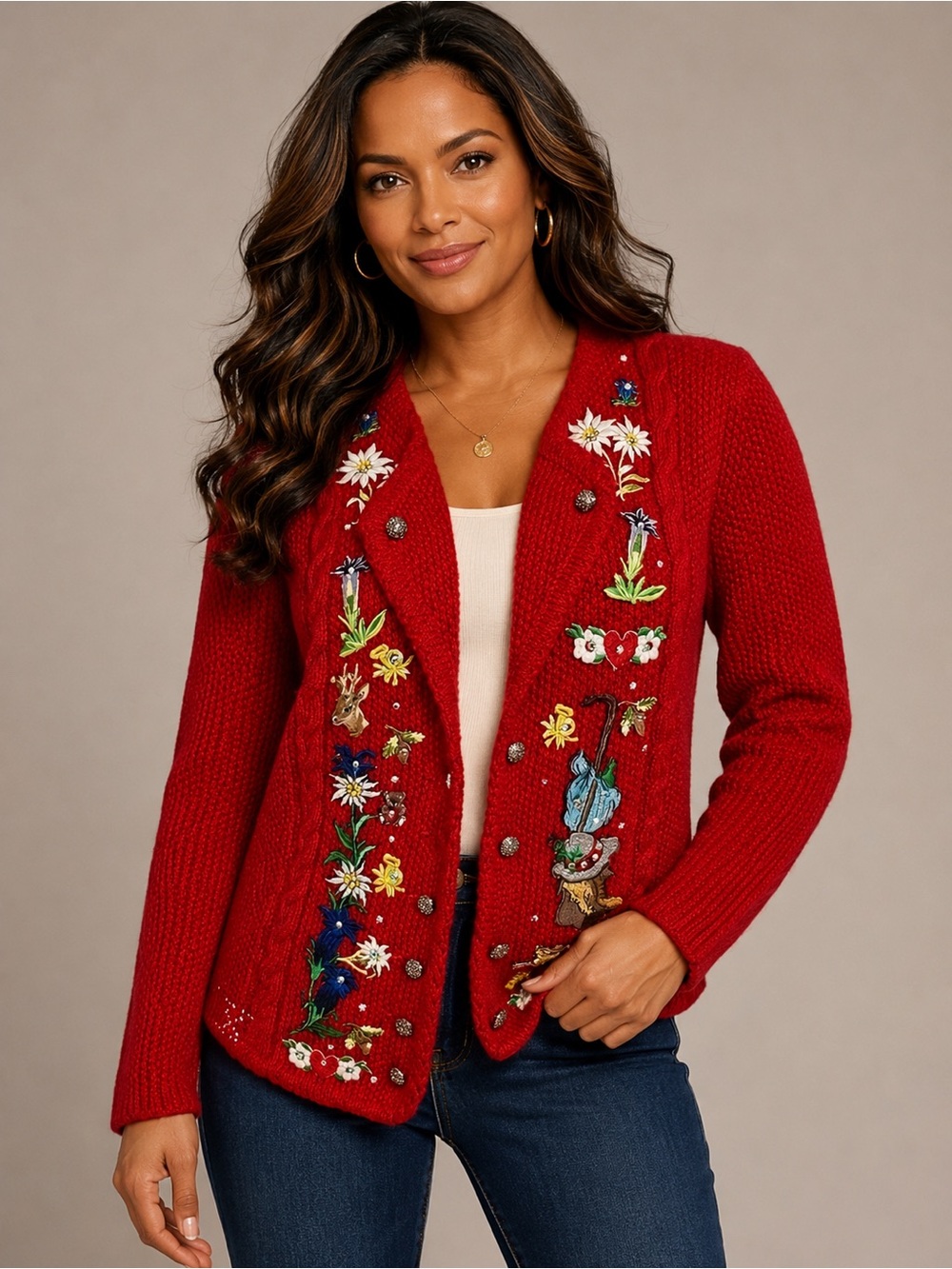Vintage BRIX Exclusiv Design Red Pure Wool Embroidered Trachten Cardigan Sweater